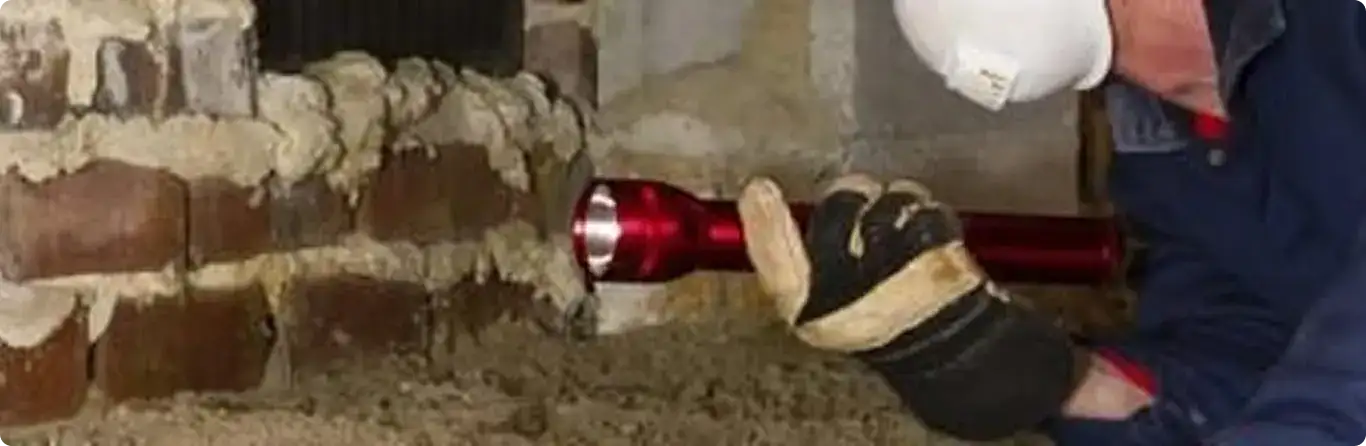 Pest control technician inspecting a crawl space for ant activity in Urbandale, IA