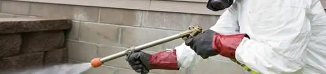 Pest control technician applying exterior insect treatment along a home foundation in Des Moines, IA