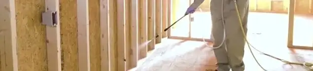 Termite treatment technician applying spray along framing and unfinished walls in Des Moines, IA
